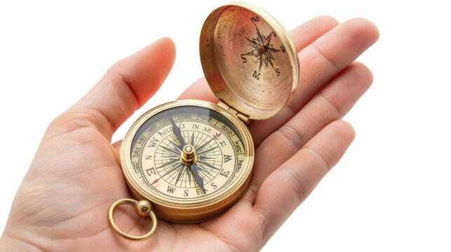 Hand holding compass on transparent background