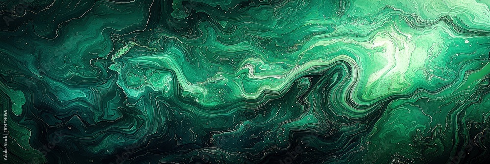 Poster A vibrant blend of green and black swirls creates a mesmerizing abstract pattern, resembling a cosmic or fluid movement