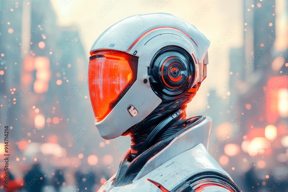 Poster futuristic robot with glowing red eye highlighting advanced robotics and ai technology in modern aut