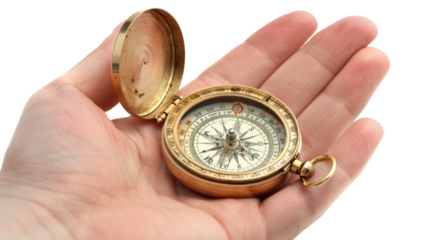 Hand holding compass on transparent background