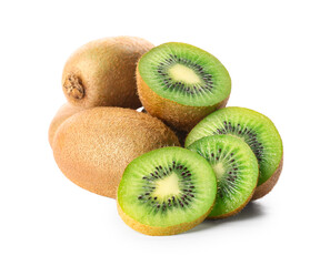 Many fresh kiwi on white background