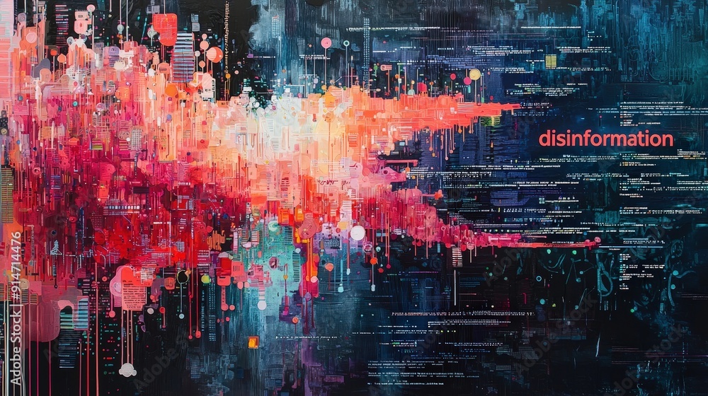 Poster Colorful abstract artwork portrays the chaotic nature of disinformation using bold hues and intricate data patterns