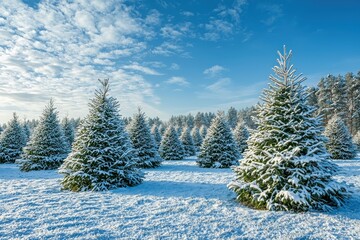 Snow-laden evergreen trees fill the Christmas tree farm landscape in a tranquil setting under a bright blue sky during winter