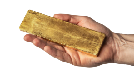 Hand holding gold bar on transparent background