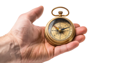 Hand holding compass on transparent background