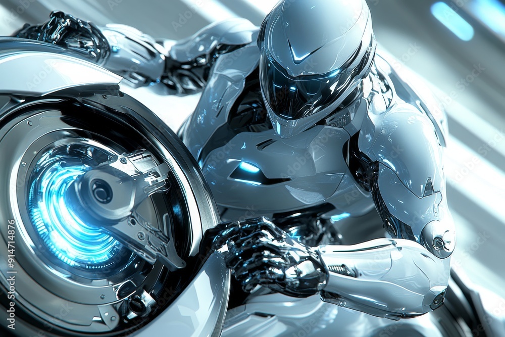 Poster glossy blue robot in a dynamic motorcycle pose merging speed with robotic technology