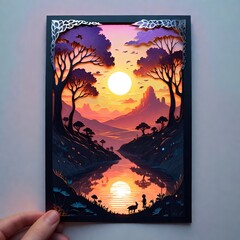 landscape with river mountains and sunset foul cutout 