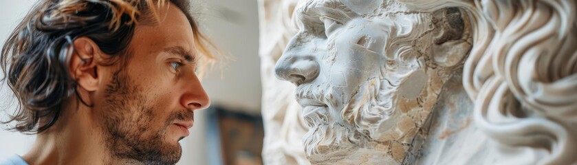 Obraz premium Sculptor shaping a vision into a masterpiece, focus on, theme craftsmanship, realistic, overlay, marble workshop backdrop