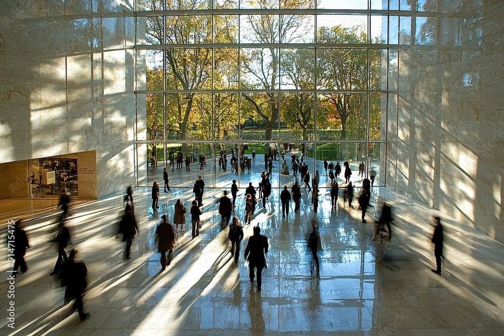 Poster people move through a spacious lobby with large windows, as sunlight streams in and autumn foliage i