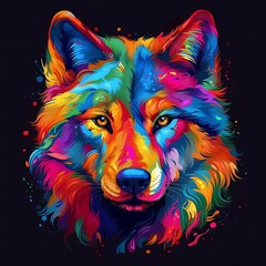 Colorful Wolf Portrait on Black Background