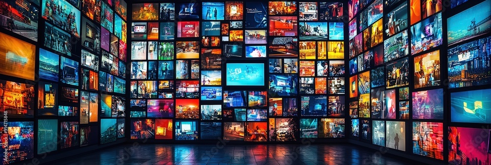 Poster A dynamic arrangement of multiple screens showcases diverse visuals, creating an immersive experience in a contemporary art space