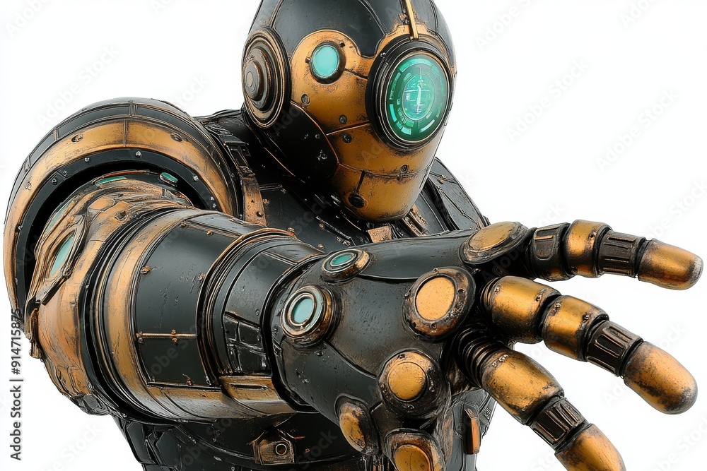 Poster robotic head with detailed ocular sensors emphasizing surveillance and high tech vision capabilities
