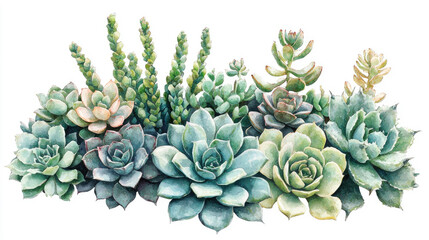 Fototapeta premium Watercolor Illustration of Various Succulent Plants in a Beautiful Arrangement on a White Background