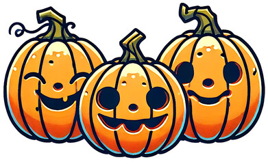 3 Halloween Jack-O-Lantern Pumpkins, isolated on transparent background PNG
