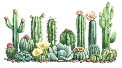 Watercolor Illustration of Various Cacti and Succulents with Flowers on White Background