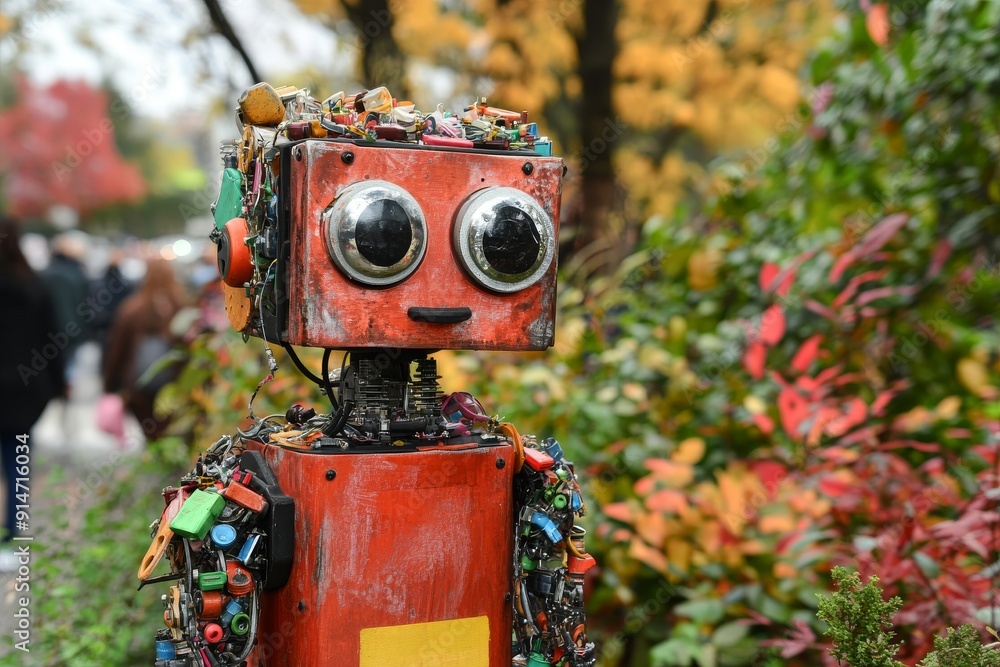 Poster quirky robot in natural setting showcasing a fusion of rustic elements with futuristic robotics
