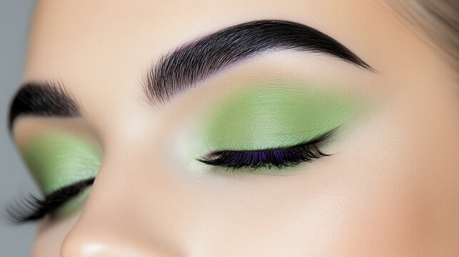 Close-up of a gorgeous eye makeup featuring vibrant green shadow and defined eyebrows, highlighting beauty and artistry.