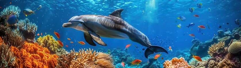 Fototapeta premium Dolphins and fish interacting, lively coral formations, dynamic, overlay, marine sanctuary backdrop