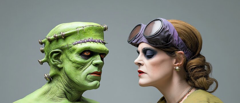 A dramatic face-off between a Frankenstein-inspired creature and a vintage-styled woman, showcasing unique makeup and costumes. - Powered by Adobe