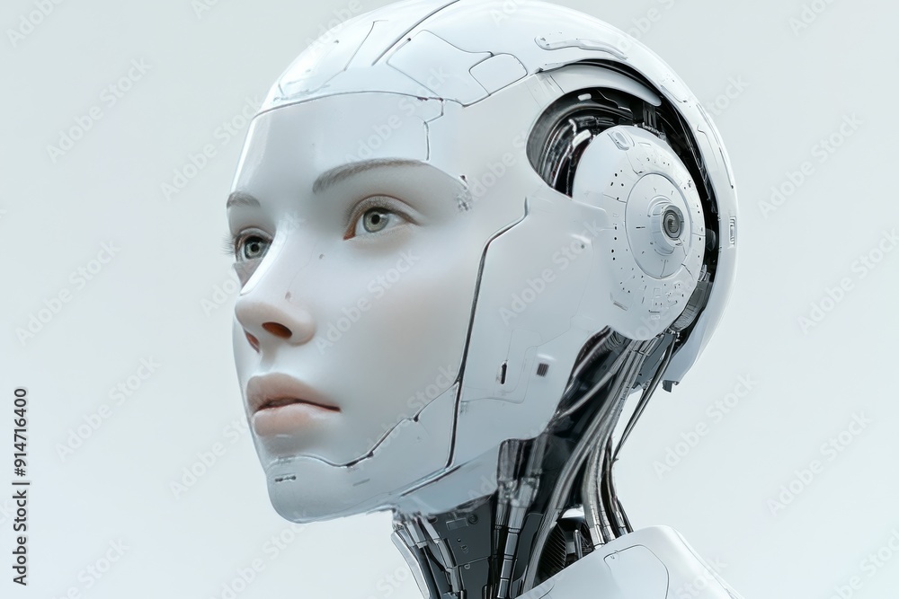 Poster minimalist female robot head with serene expression epitomizing sleek design and advanced robotics