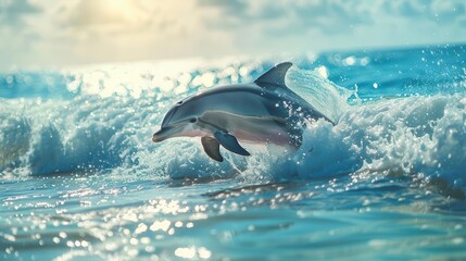 Fototapeta premium Dolphins frolicking in the waves, sunlit ocean, whimsical, overlay, tropical beach backdrop