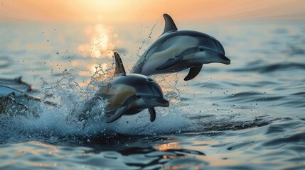 Fototapeta premium Dolphins jumping near boat, water splashing, dynamic, silhouette, coastal backdrop