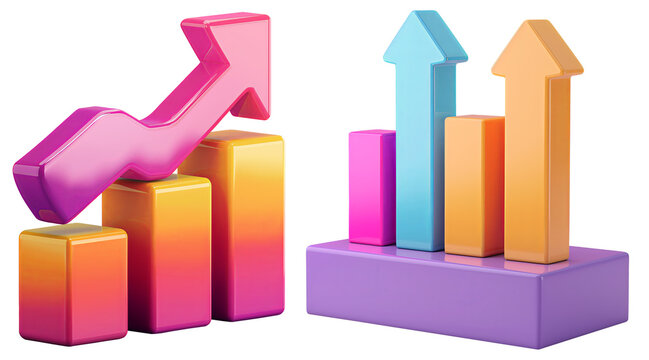 set of cute colorful bar graph with arrow up. 3D cartoon animation style.