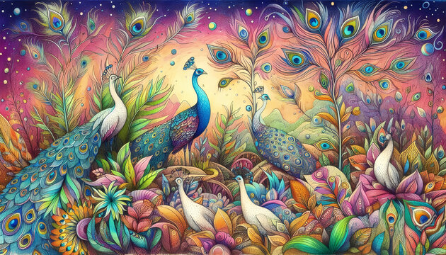A fantasy hand-drawn peacock world with whimsical plants, surreal colors, dreamlike atmosphere, imaginative landscape, detailed feathers, artistic expression, and magical realism