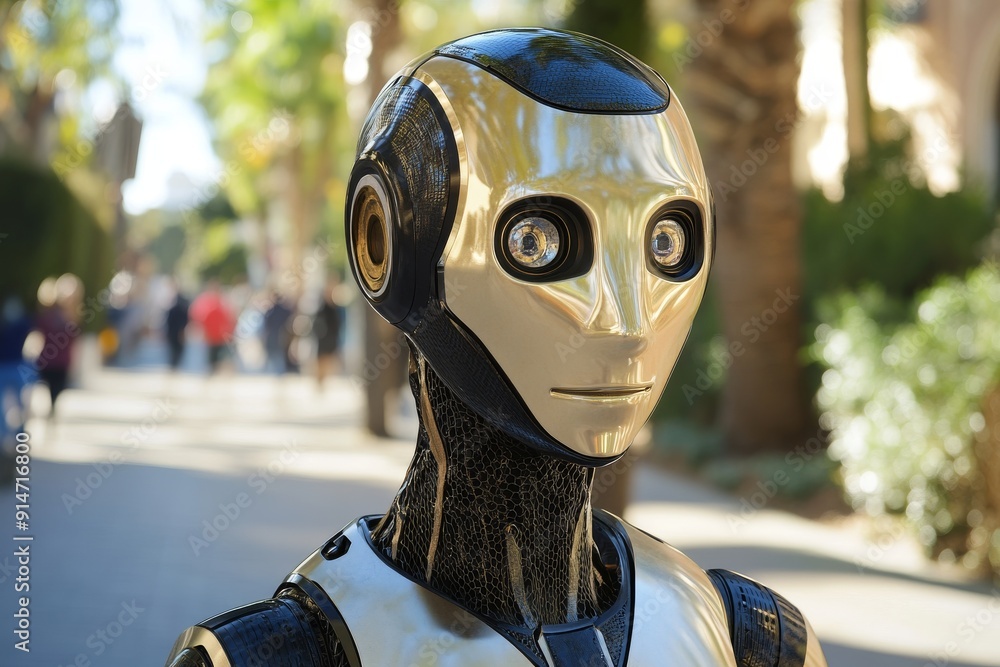 Poster futuristic robot with sleek helmet and integrated technology exploring themes of speed and agility