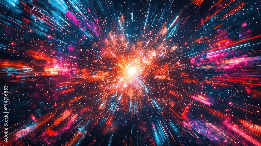 Poster colorful beams radiate outward from a bright center, illustrating a dynamic cosmic explosion set aga