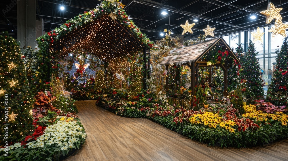 Poster an enchanting indoor garden filled with vibrant flowers and twinkling lights, creating a festive atm