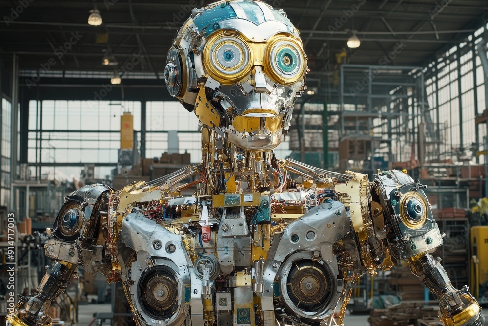 Poster rustic robot assembled from recycled parts highlighting themes of sustainability and creative reuse 