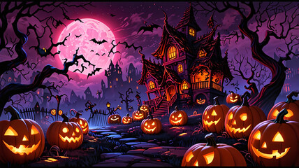 Halloween background, with an illustration of a ghost castle decorated with scary pumpkins