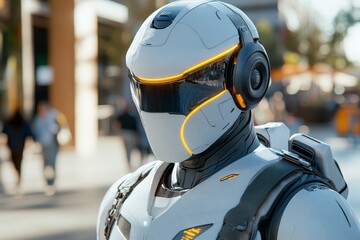 Modern robot with blue and yellow color scheme representing cutting edge technology in public interaction