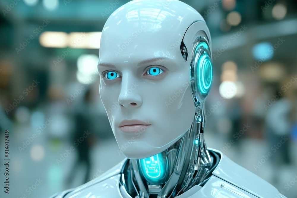Poster hyper realistic humanoid robot face with deep blue eyes exploring the intersection of technology and