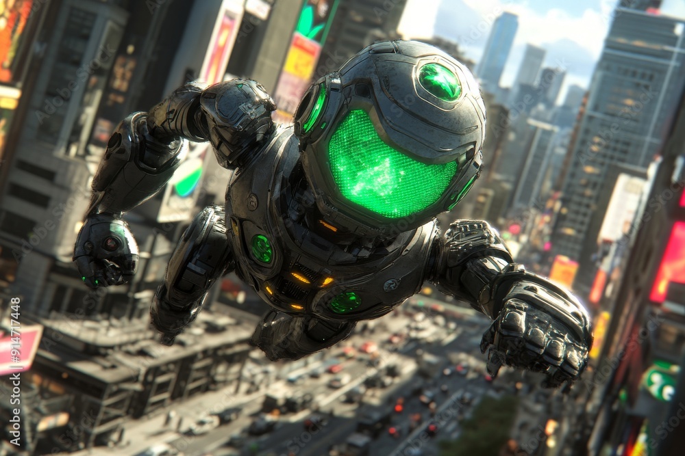 Poster action packed robotic figure navigating a complex urban environment showcasing agility and urban ada