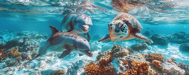 Playful dolphins and sea turtles, vast underwater world, ethereal, overlay, marine life backdrop