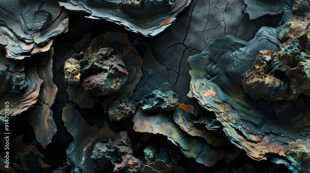 Poster colorful rock formations exhibit intricate textures and patterns, illuminated in soft light, showcas