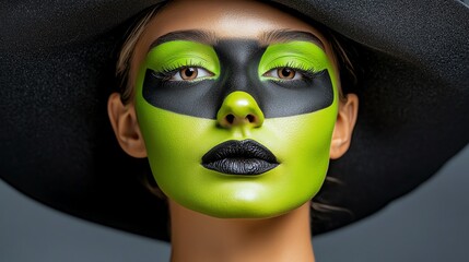 A striking portrait of a model with vibrant green and black facial makeup, wearing a stylish black hat, perfect for Halloween themes.