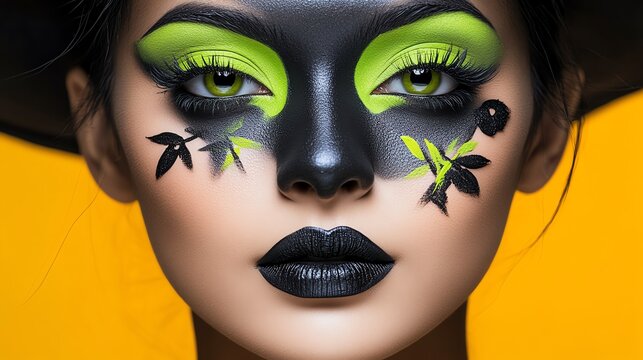 Bold Halloween makeup featuring vibrant green and black colors, showcasing artistic face painting for a striking look.