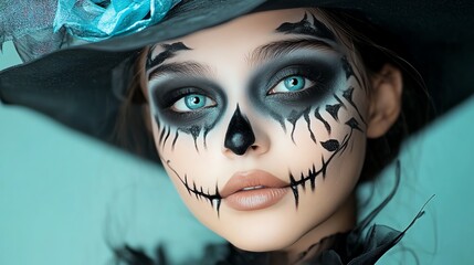 A captivating portrait of a woman with beautiful skull makeup and a stylish hat, perfect for Halloween-themed projects.