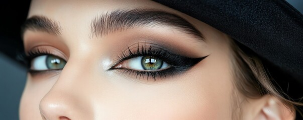 Close-up of captivating eyes with dramatic eyeliner and striking lashes, embodying beauty and elegance in makeup artistry.
