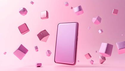3D render illustration of abstract pink and purple gradient composition with flying geometric objects and a smartphone. Device screen on a modern minimal background