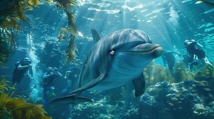 Fototapeta premium Playful dolphins swimming near snorkelers, underwater paradise, futuristic, blend mode, kelp forest backdrop