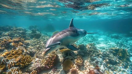 Obraz premium Underwater snorkeling encounter with dolphins, crystal clear water, dynamic, manipulation, ocean floor backdrop