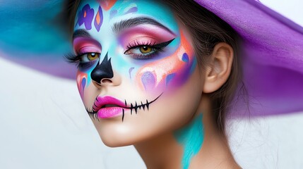 Obraz premium Vibrant Dia de los Muertos makeup design featuring colorful patterns and a striking hat, embodying beauty and tradition.