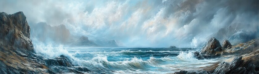Naklejka premium A picturesque coastal scene with rugged cliffs and crashing waves