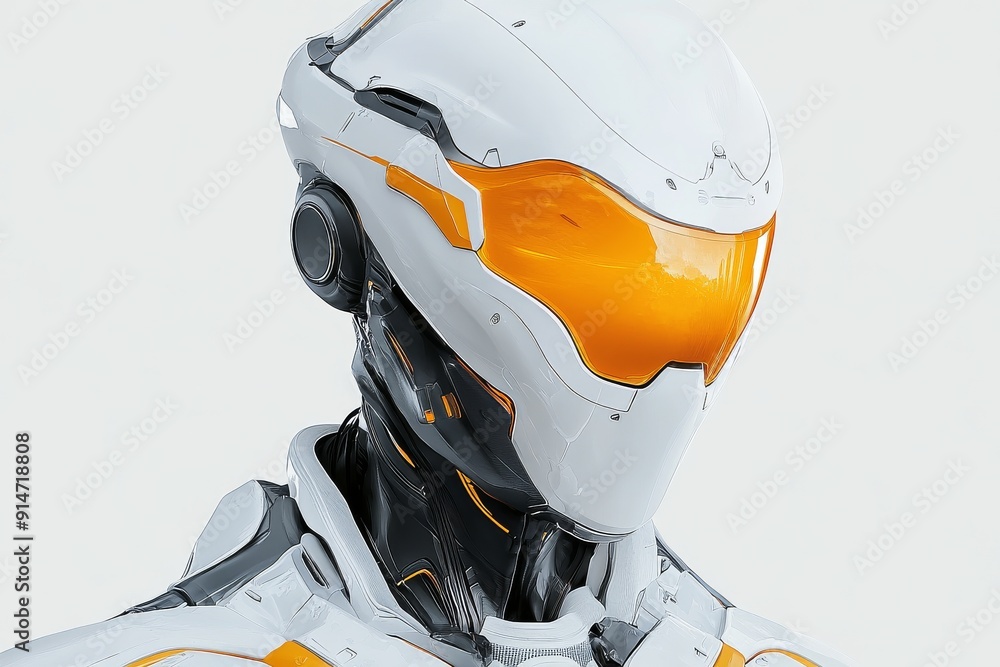 Poster retro style robot head with vibrant orange design blending nostalgia with futuristic technology in a