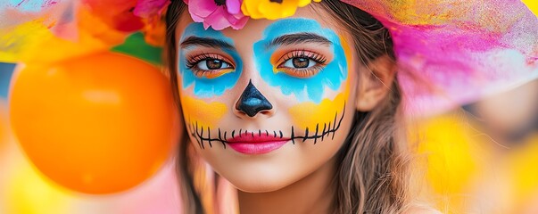 A colorful portrait of a girl with vibrant face paint, celebrating a festive occasion with a bright flower hat.
