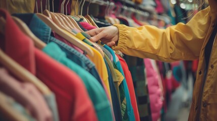 Obraz premium Woman's hand reaching for a colorful item of clothing hanging on a rack.
